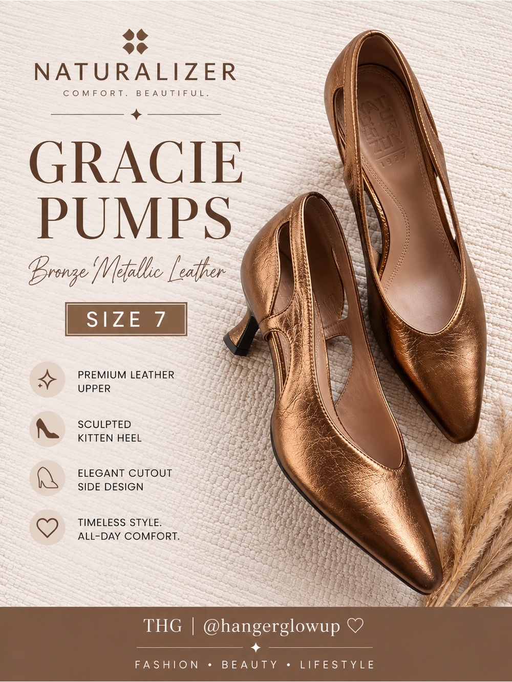 Naturalizer Gracie Bronze Metallic Leather Pumps Size 7